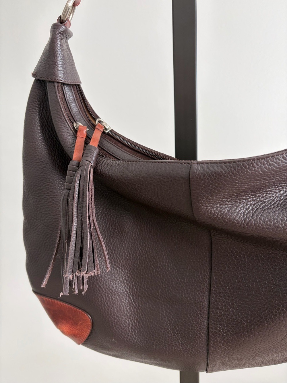 Derek Alexander Leather Hobo Shoulder Bag in Dark Brown with Chestnut Accents - Picture 4 of 10
